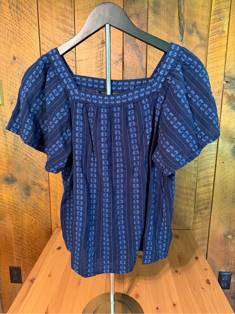 Banana Republic Floral Jacquard Square Neck Blouse Navy Blue Peasant Cottage M
